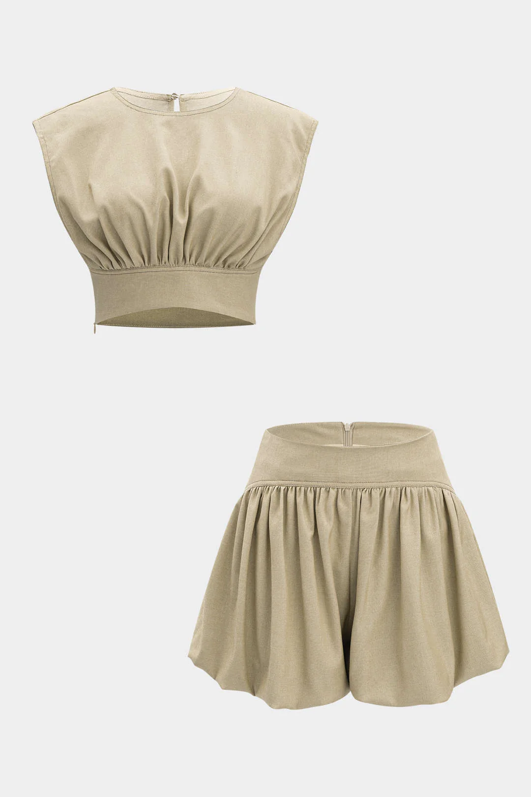 Denim Ruched Tank Top and Zipper Detail Shorts Combo