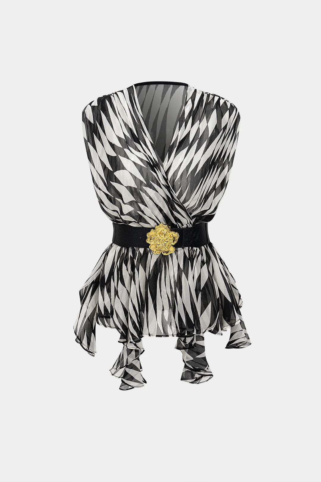 Stripe Print V Neck Belted Short Sleeve Shirt