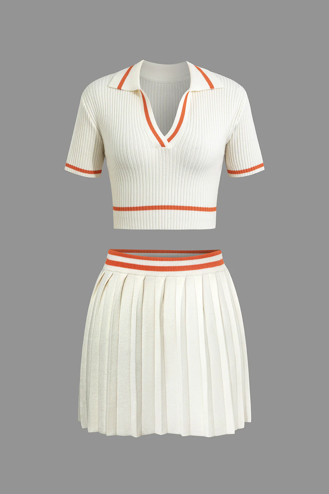 Ribbed Knit Polo Top and Pleated Skirt Combo