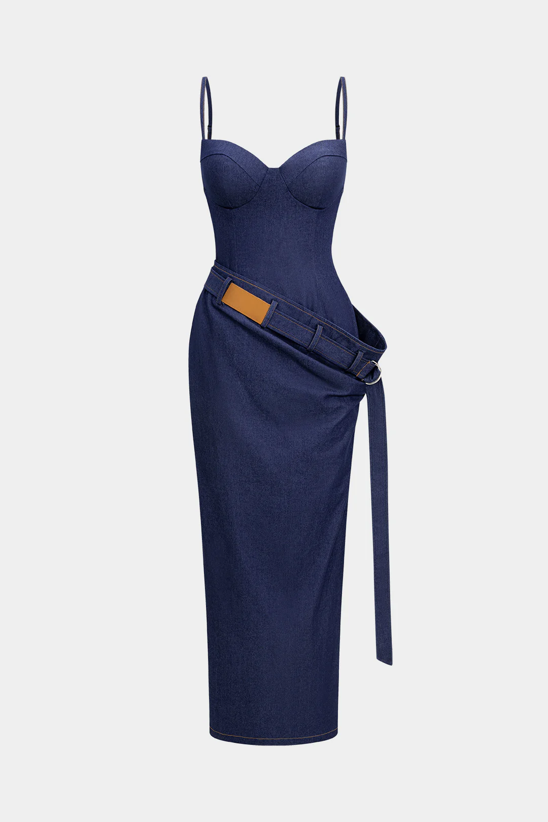 Denim Asymmetrical Ruched Bustier Belted Zipper Long Dress