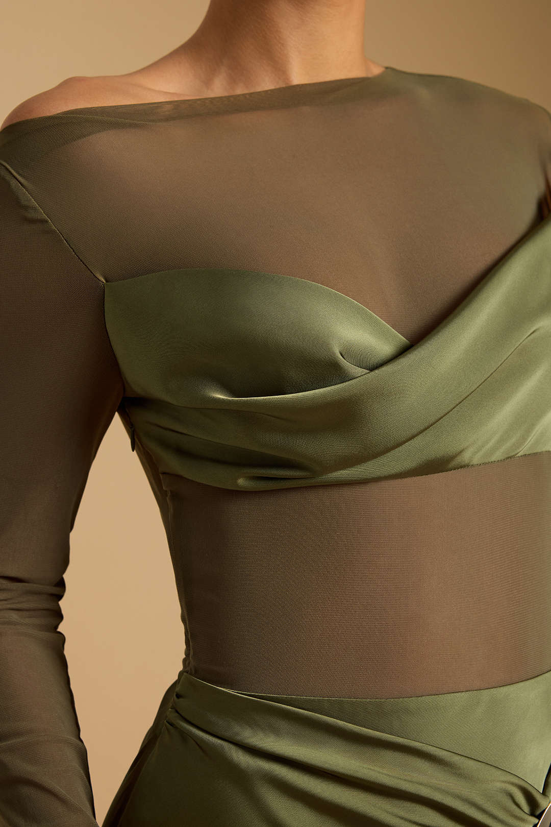 Satin Mesh Patchwork Metallic Asymmetric Ruched Long-Sleeve Midi Dress