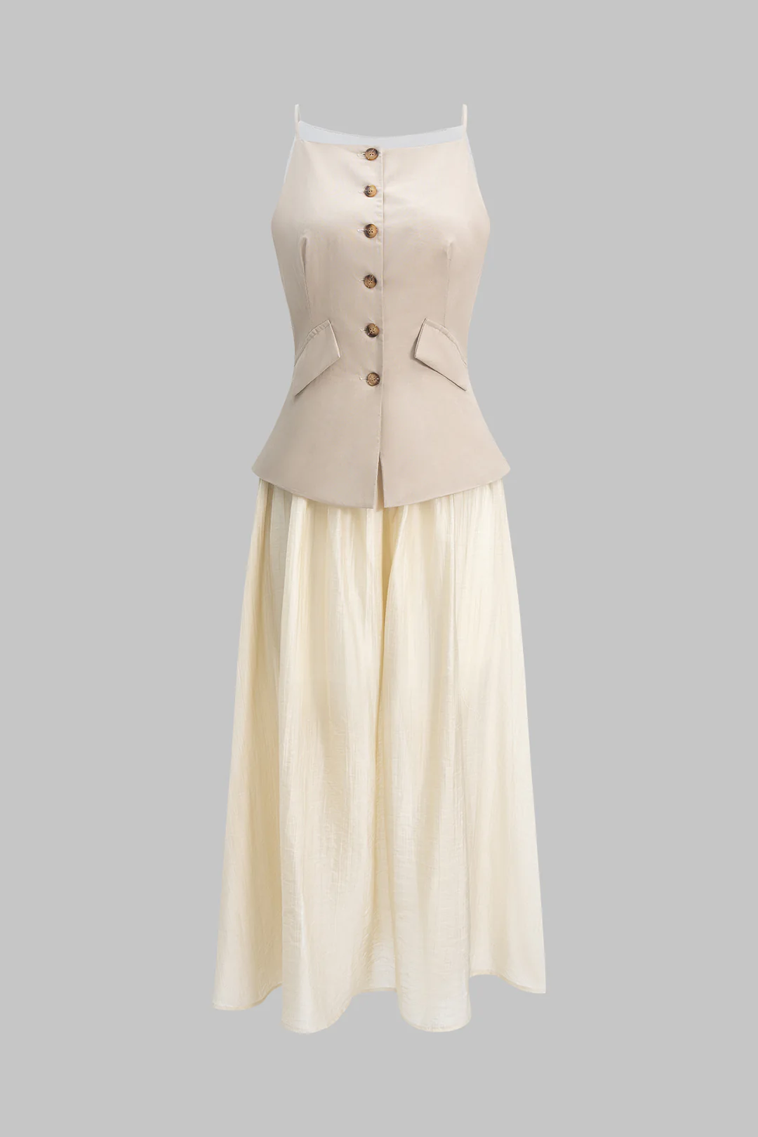 Pocket Patchwork Button Ruched Sleeveless Maxi Dress