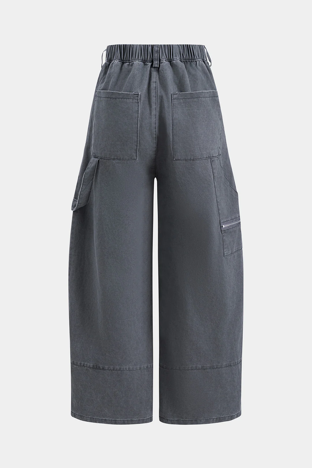 Denim Ruched Button-Pocket Wide-Leg Trousers