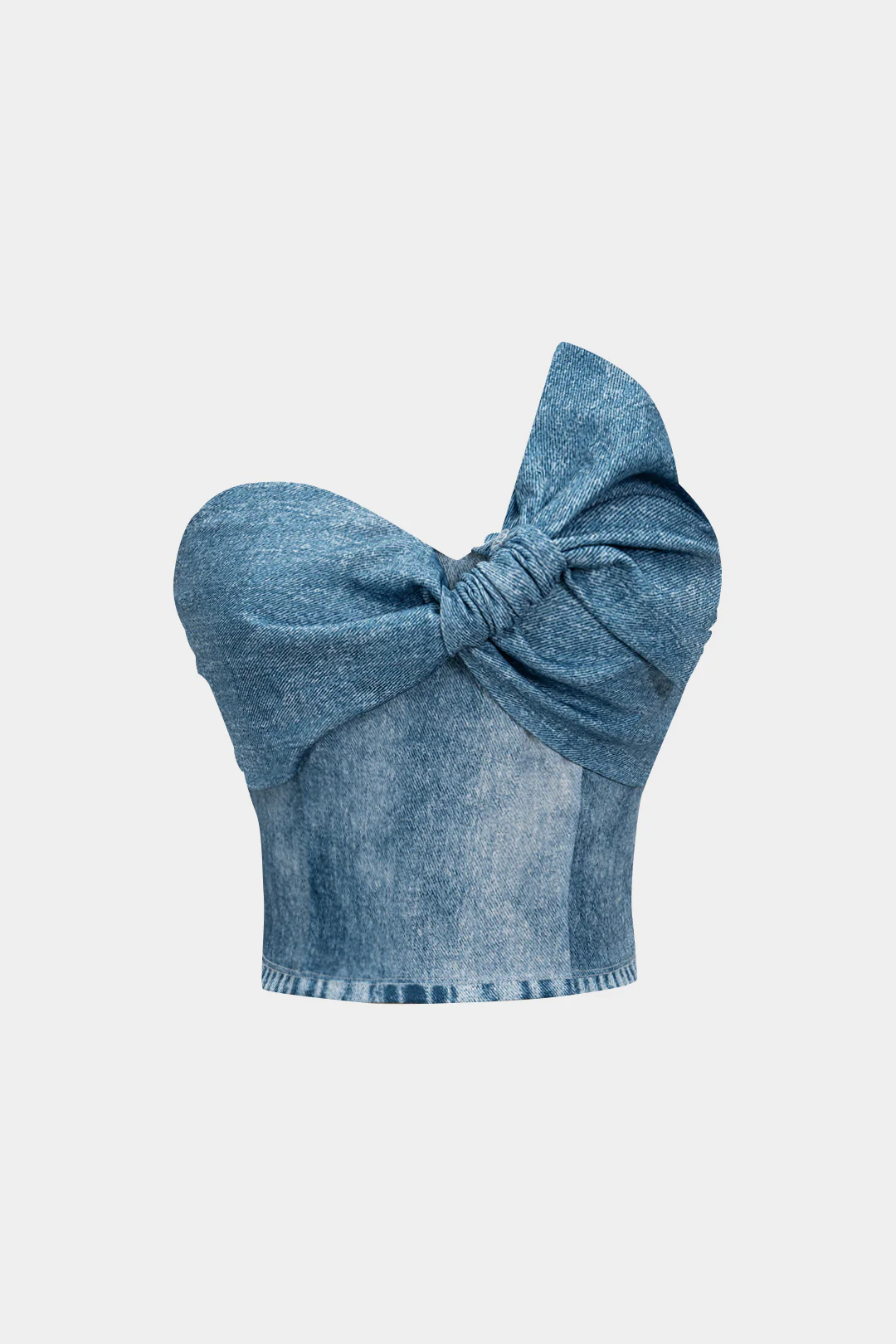 Denim Print Asymmetrical Twist Knot Strapless Tube Top