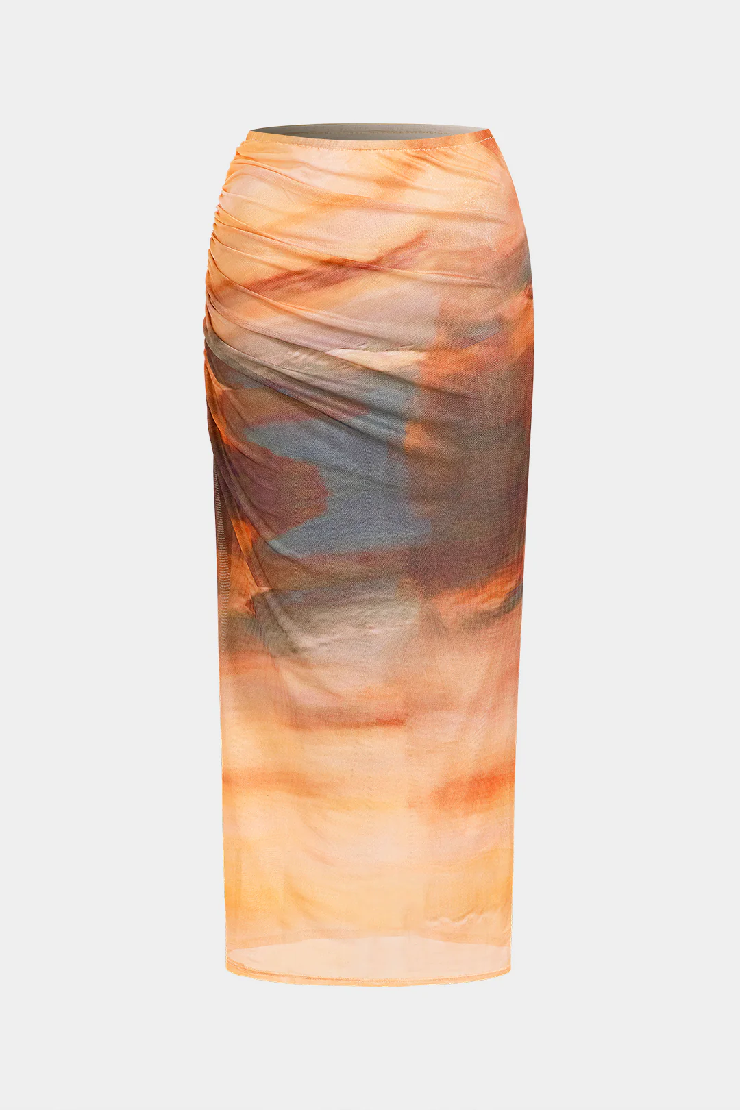 Ombre-Print Mesh Ruched Skirt