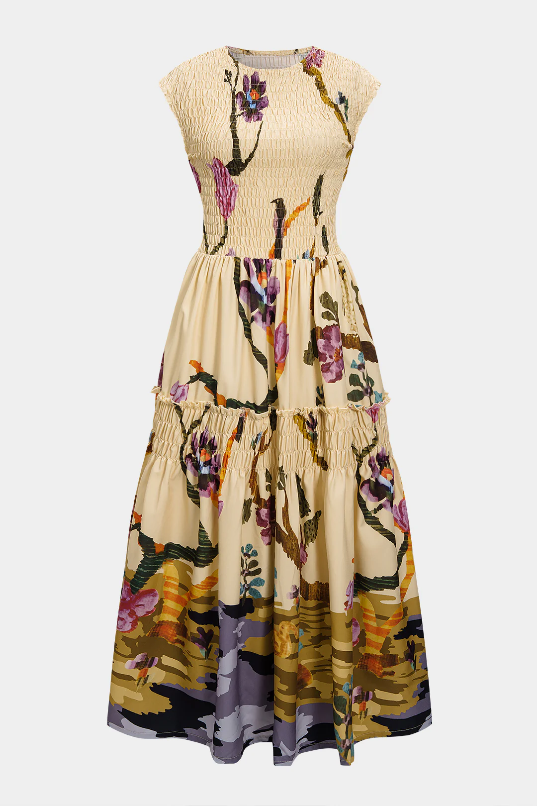 Vintage Floral Print Shirred Sleeveless Long Dress