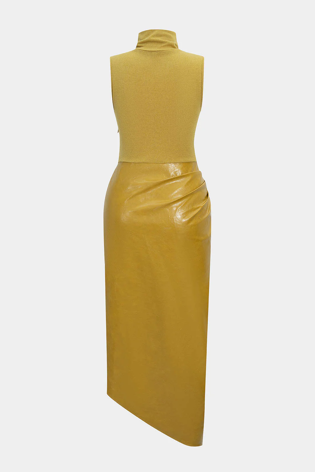 Faux Leather Patchwork High Neck Pleated Sleeveless Mid-length Dress