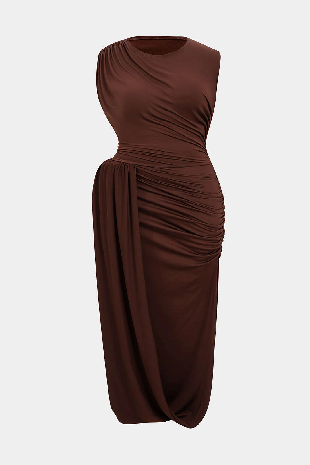 Plus Size Ruched Asymmetric Sleeveless Midi Dress