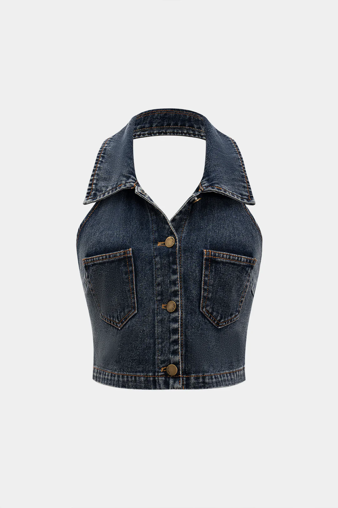 Denim Halter Neck Button Pocket Sleeveless Crop Top