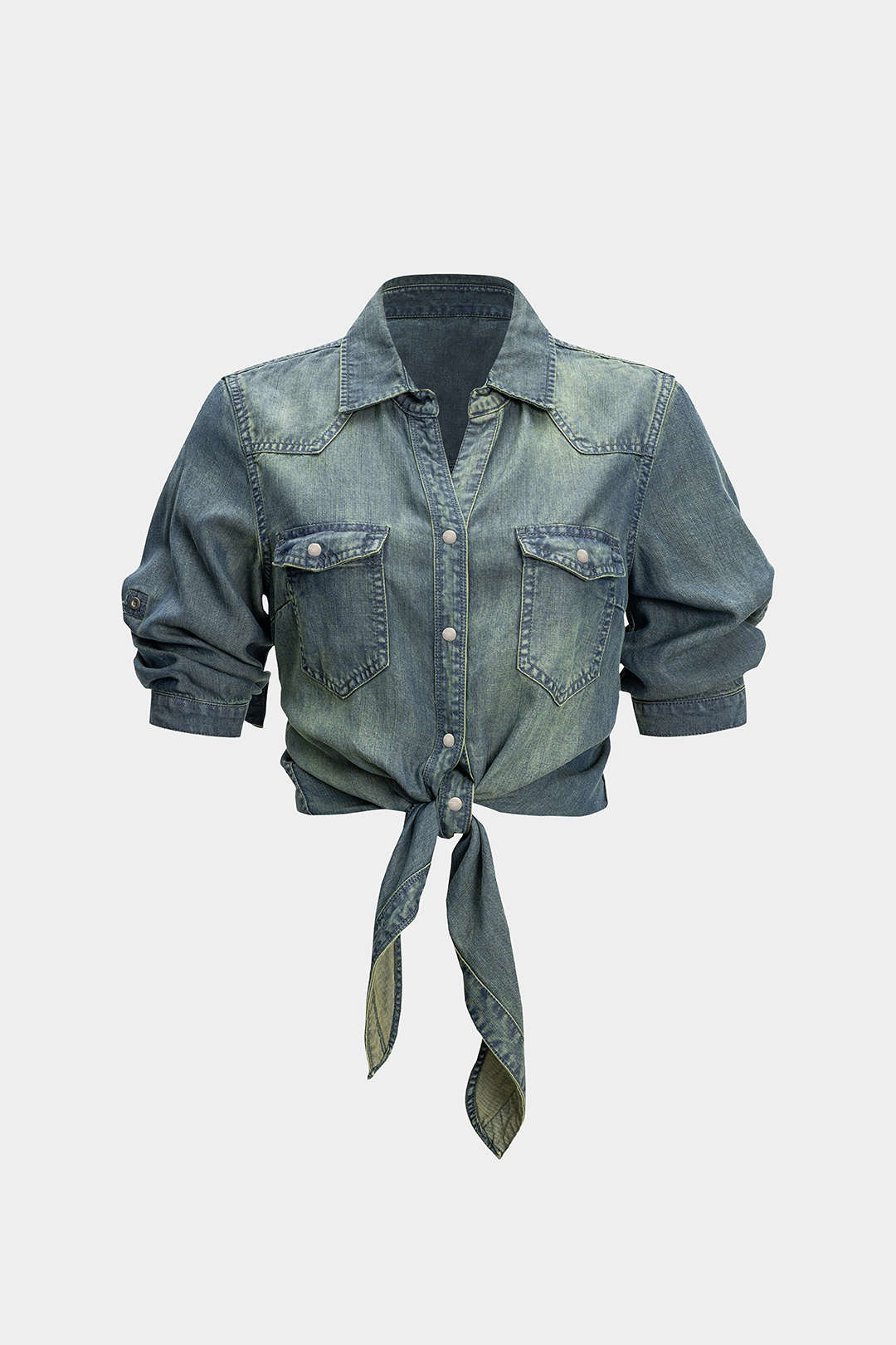 Denim Ruched Knotted Short-Sleeved Shirt