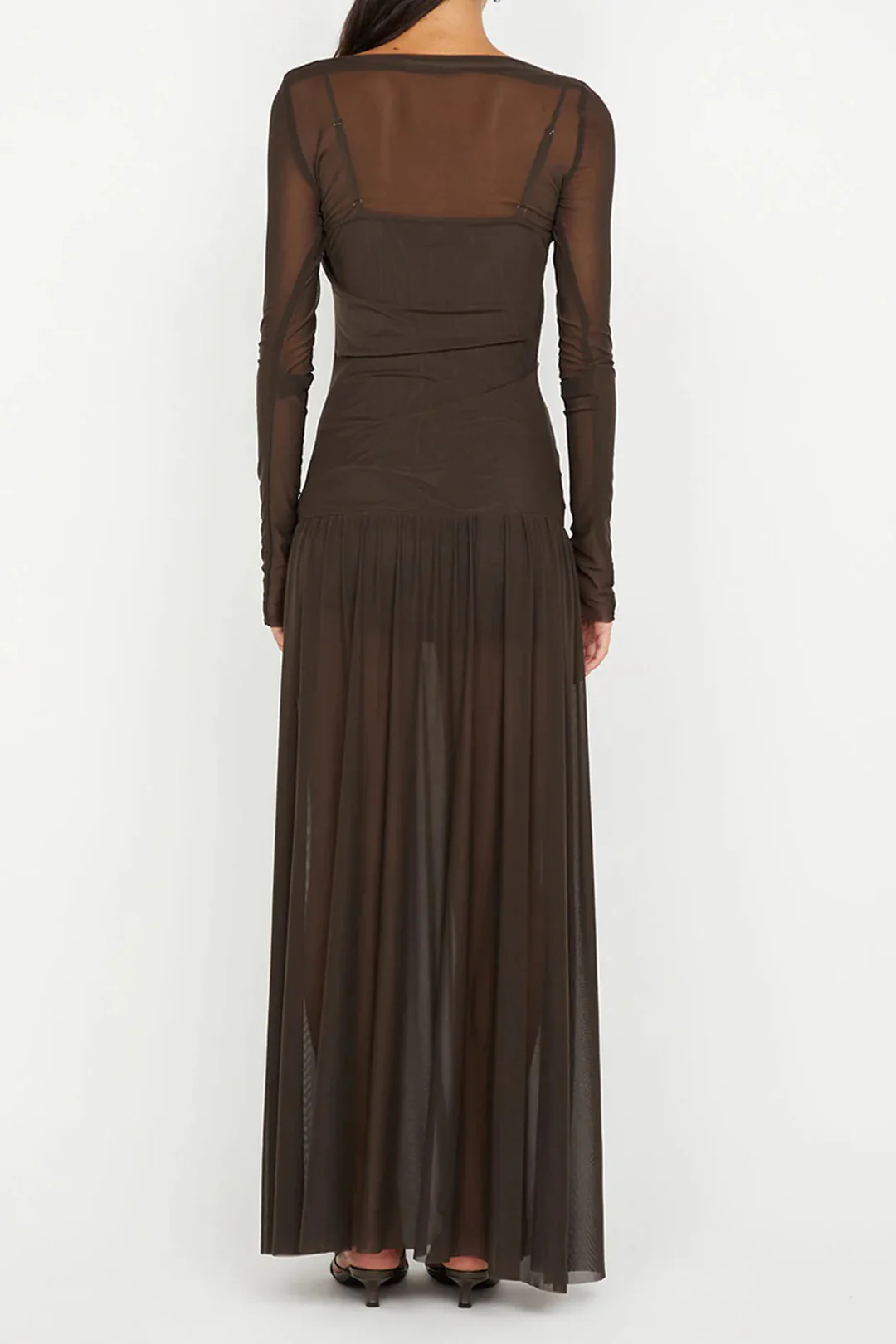 Mesh Patchwork Ruched Long Sleeve Maxi Dress
