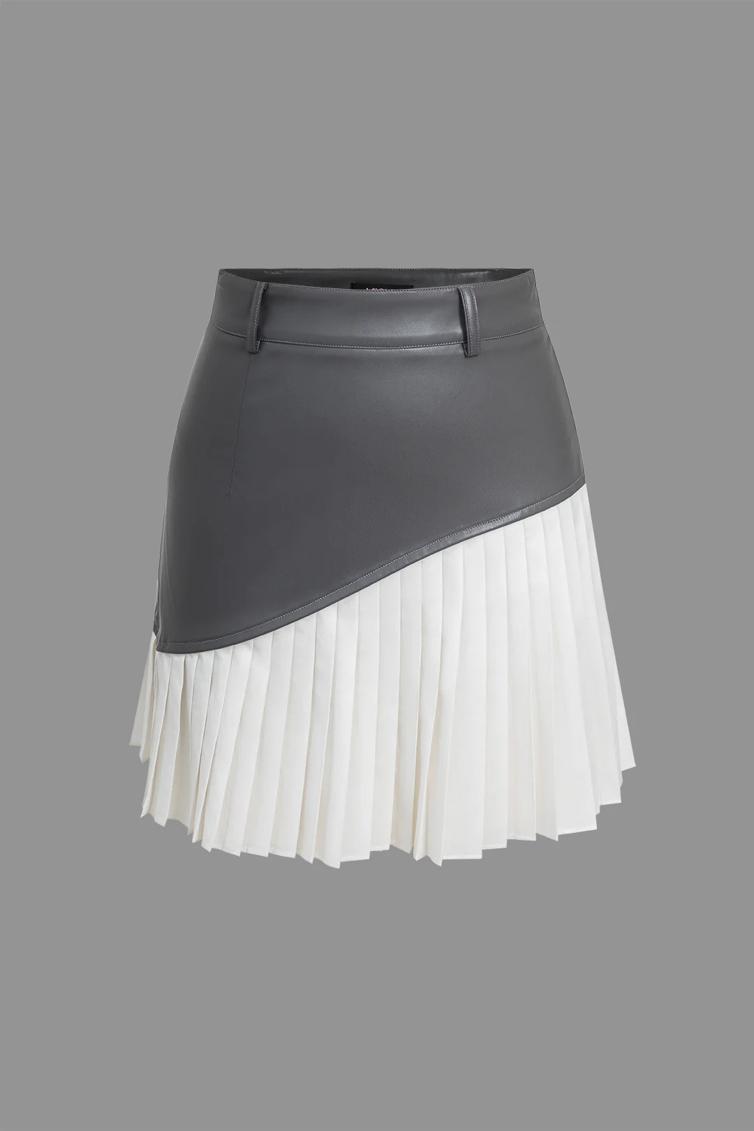 Color Block Faux Leather Pleated Asymmetrical Skirt