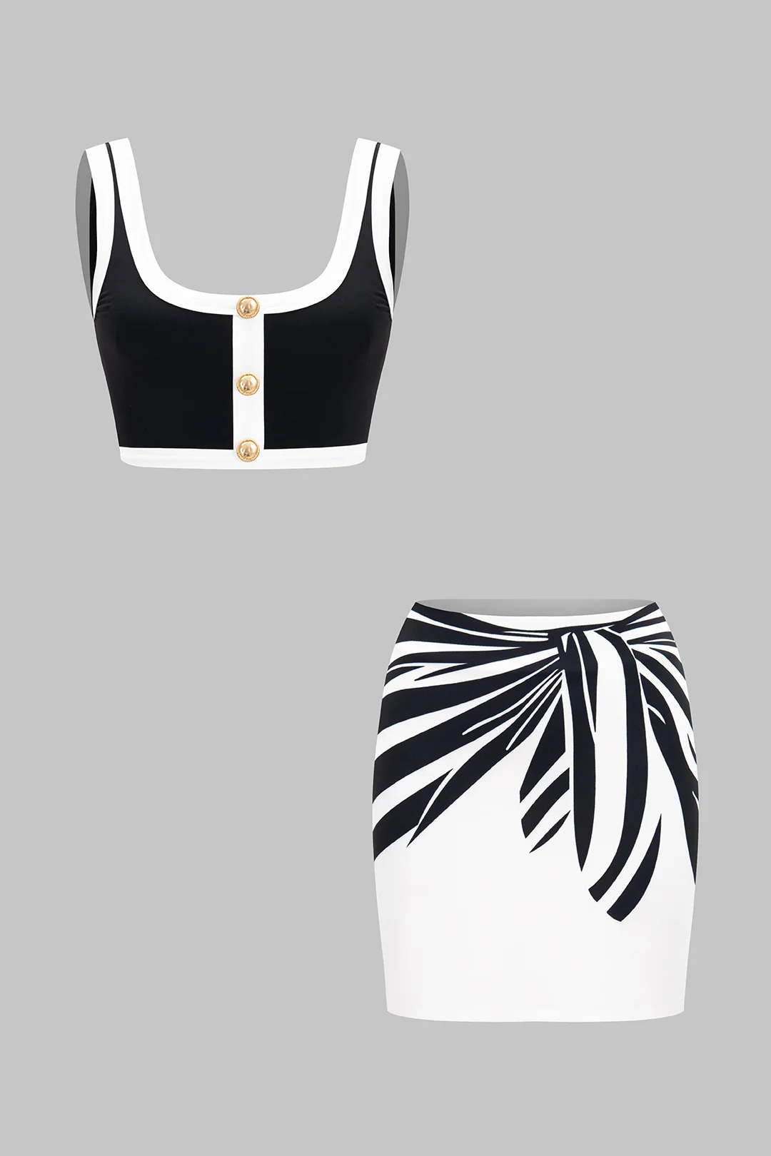 Contrast Print Retro Metal Button Tank Top and Binding Skirt Set