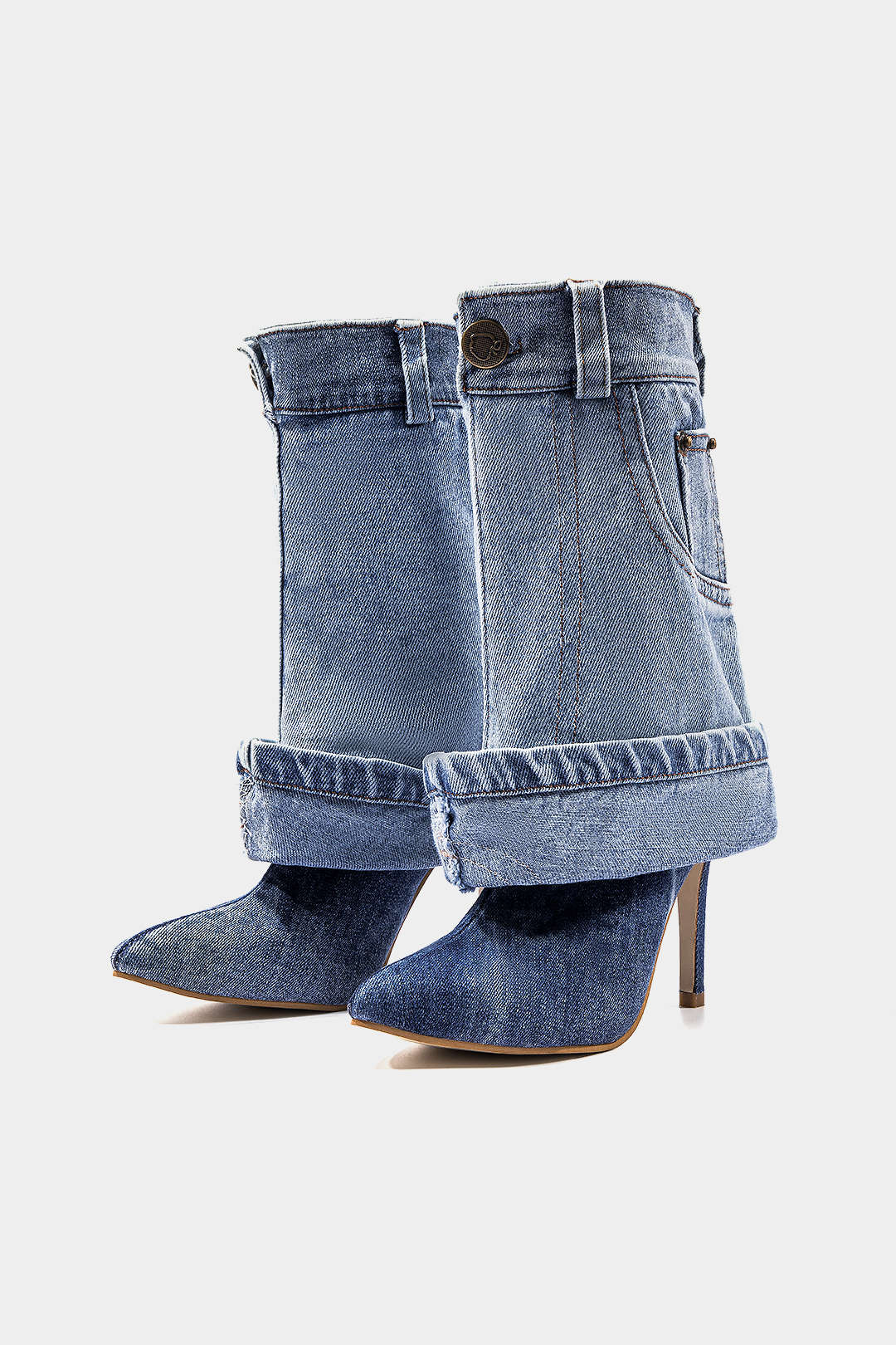 Washed Denim Wrinkled Patchwork Pointed Mid-Calf Boots