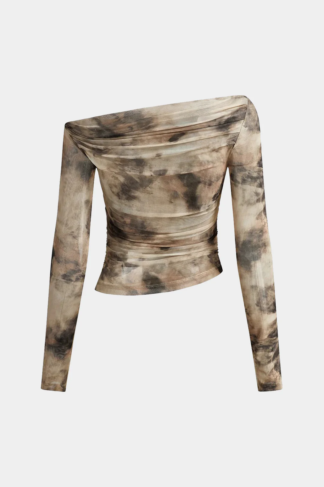 Abstract Printed Mesh Off-Shoulder Ruched Asymmetrical Long-Sleeve Top