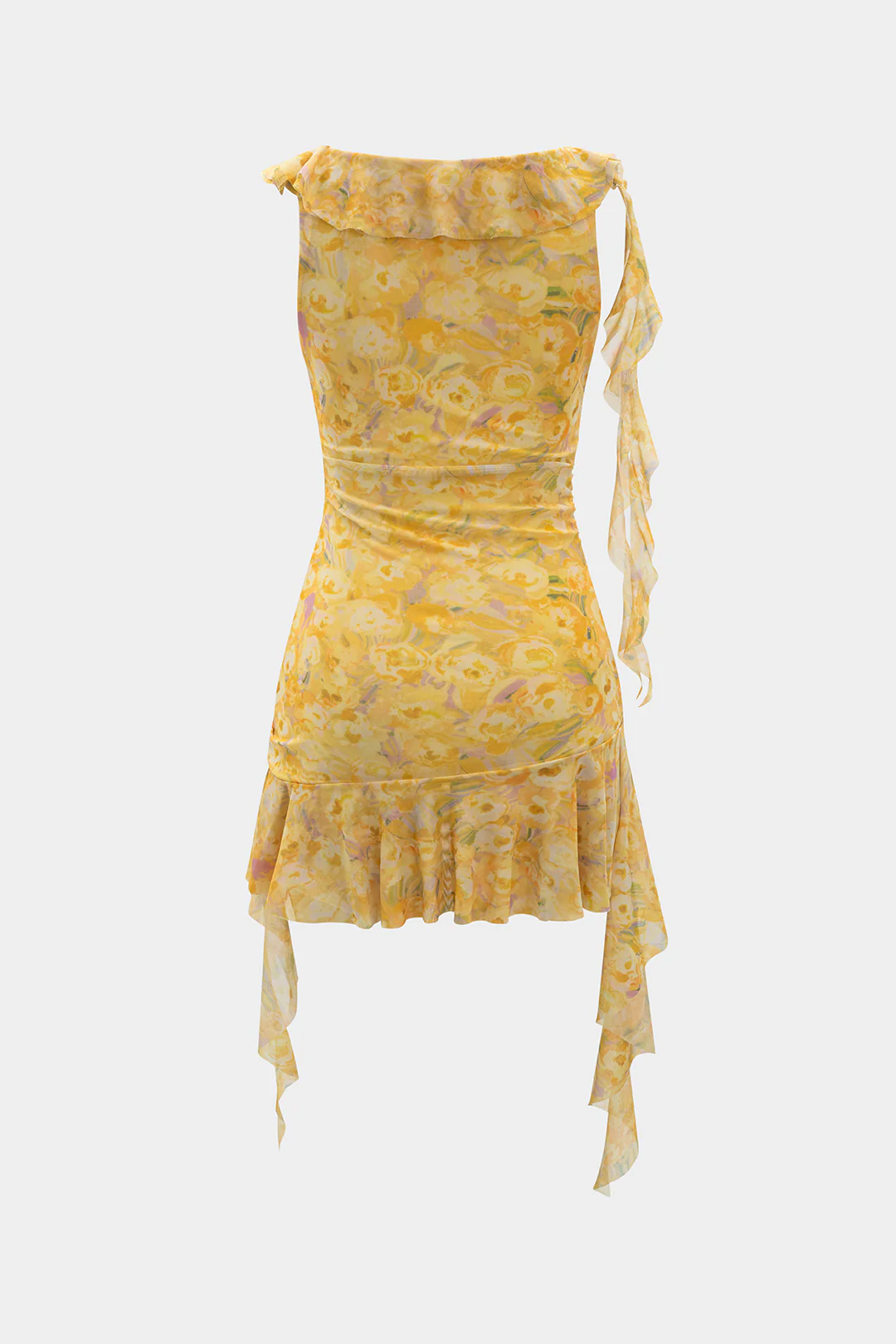 Floral Mesh Ruffled Ruched V-Neck Sleeveless Mini Dress