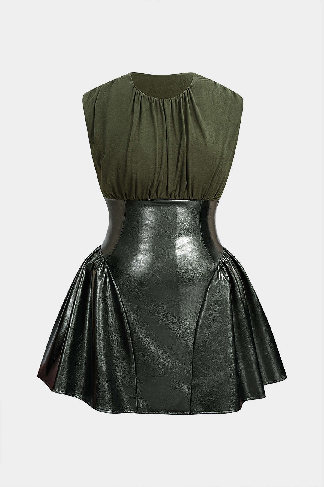 Plus Size Faux Leather Patchwork Ruched Sleeveless Mini Dress