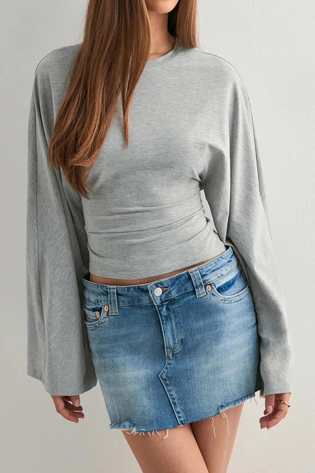 Round Neck Ruched Long Sleeve Blouse