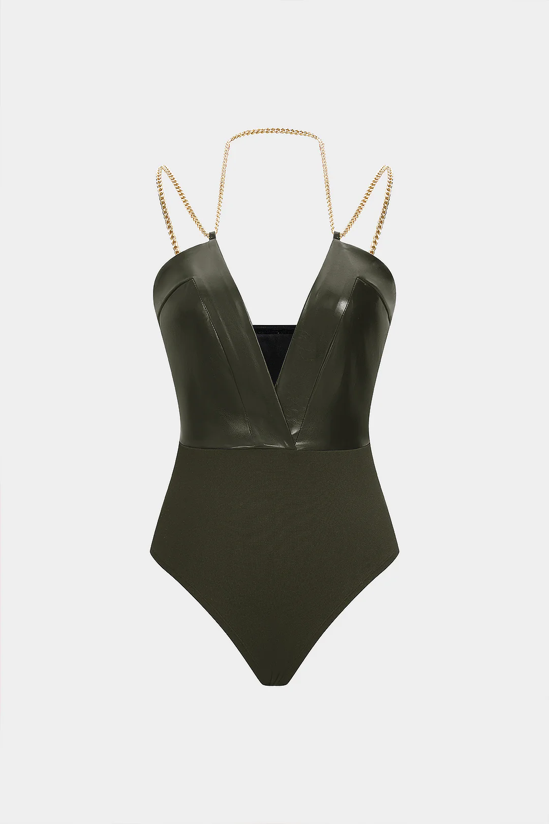 Faux Leather Chain Patchwork Sleeveless V-Neck Bodysuit