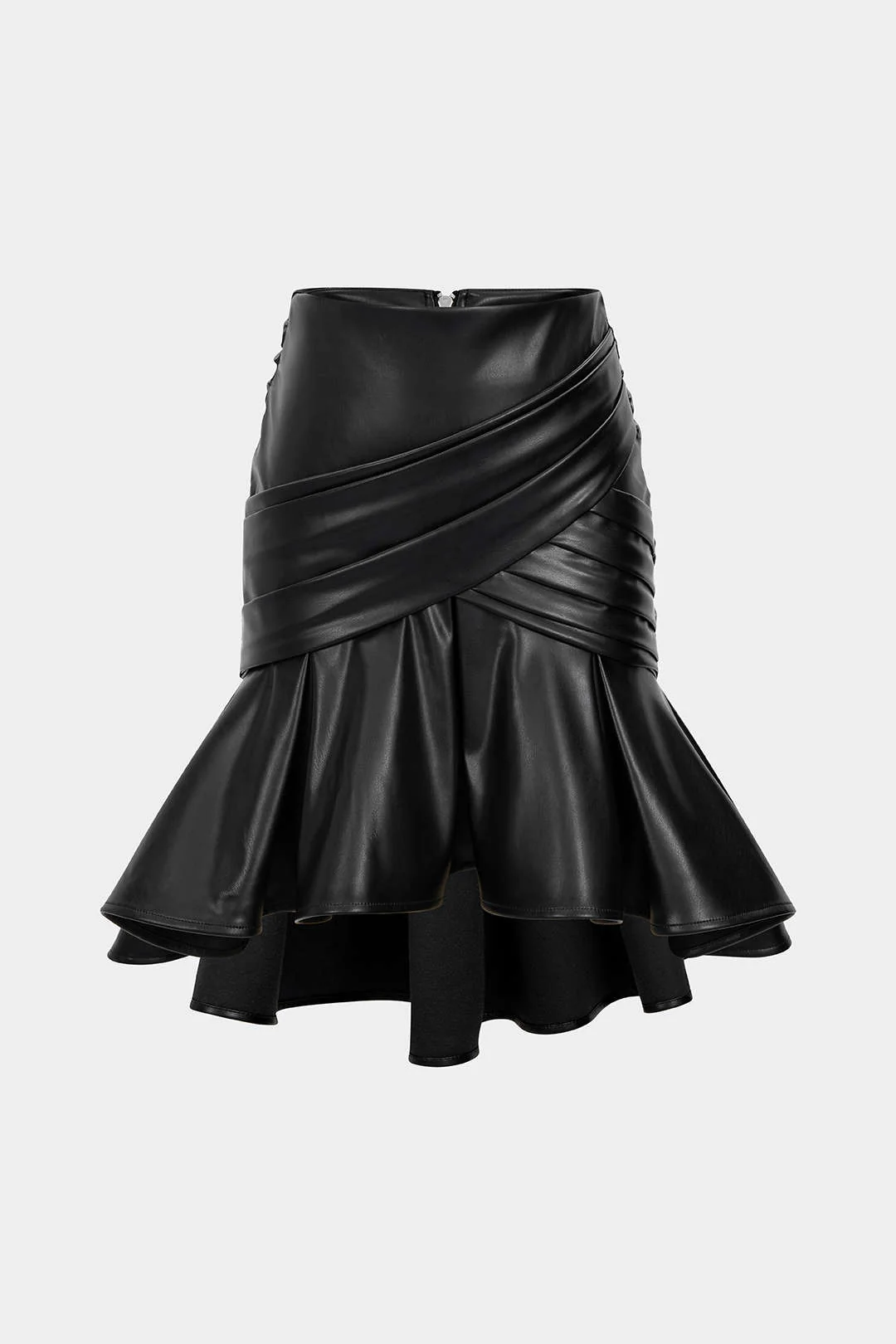 Faux Leather Ruffled and Ruched Crossed Skirt