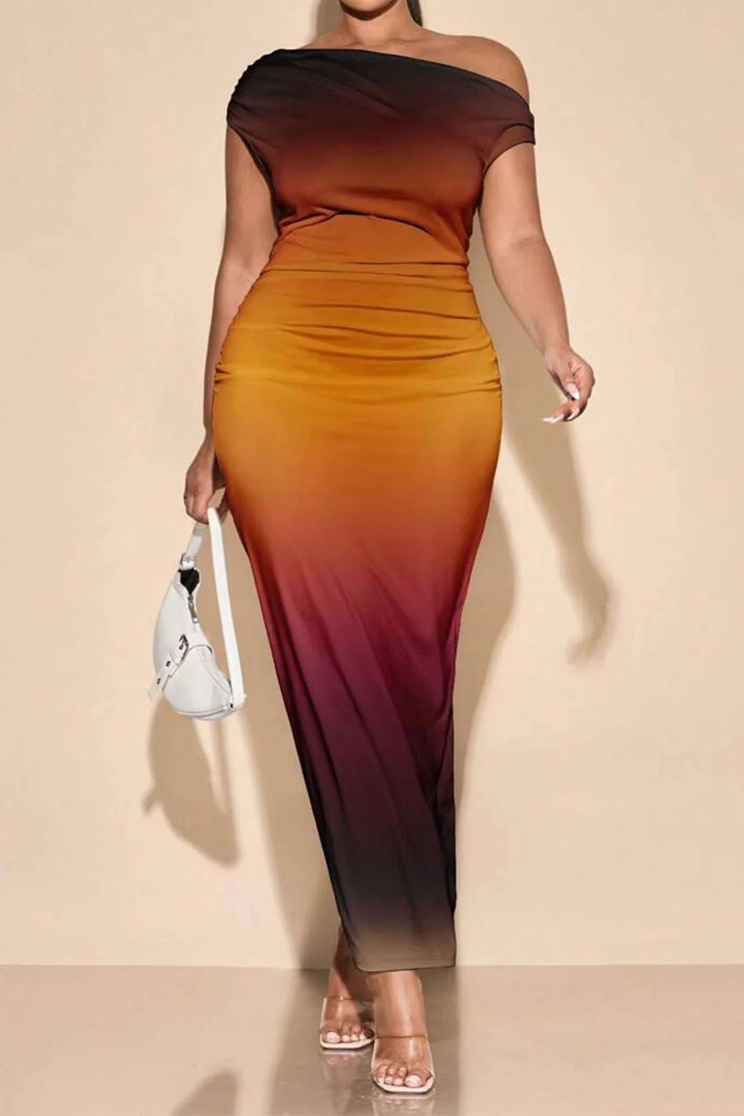 Plus Size Ombre Print Mesh Asymmetric Sleeveless Maxi Dress