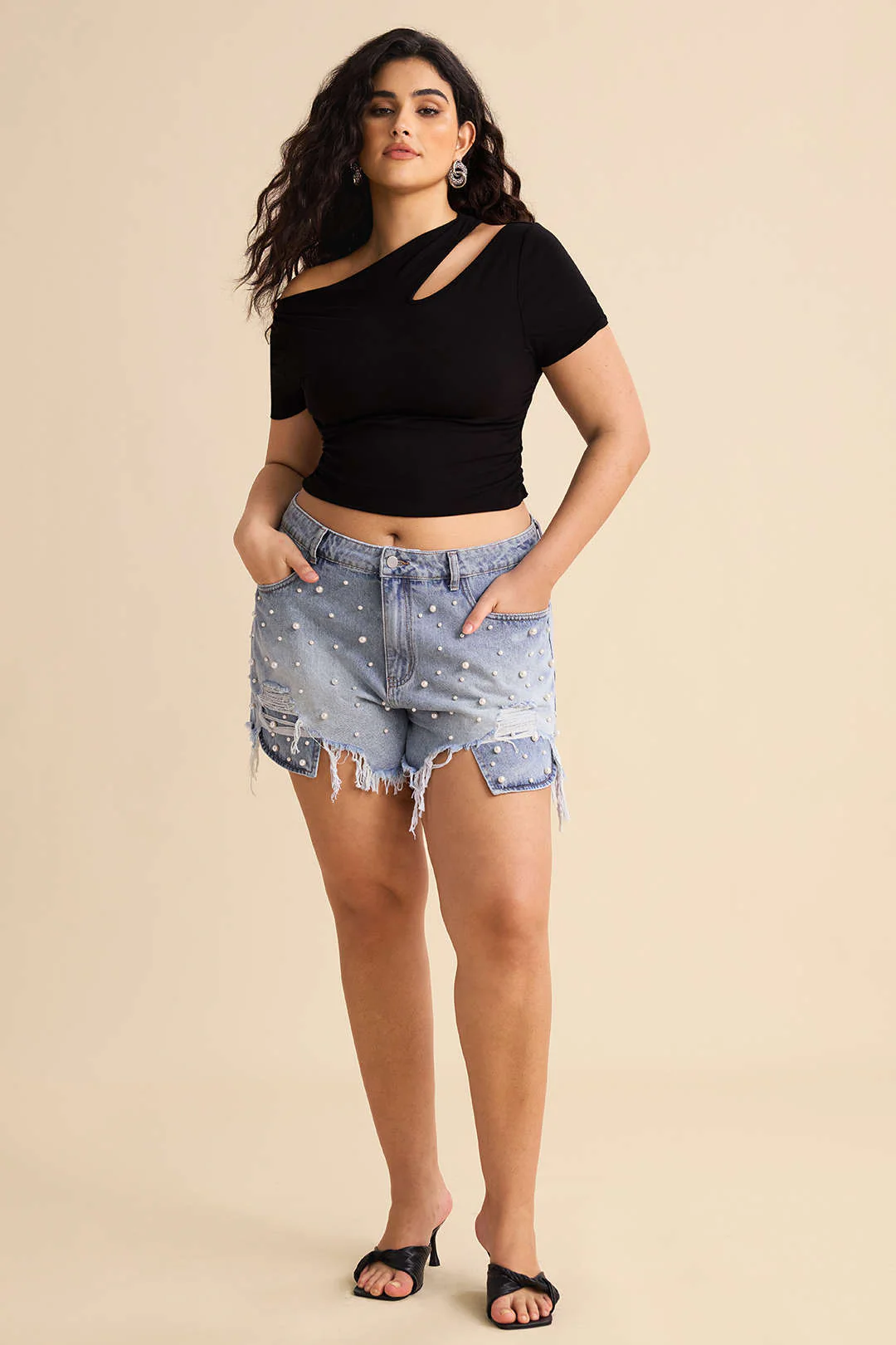 Plus Size High Waist Beaded Denim Shorts