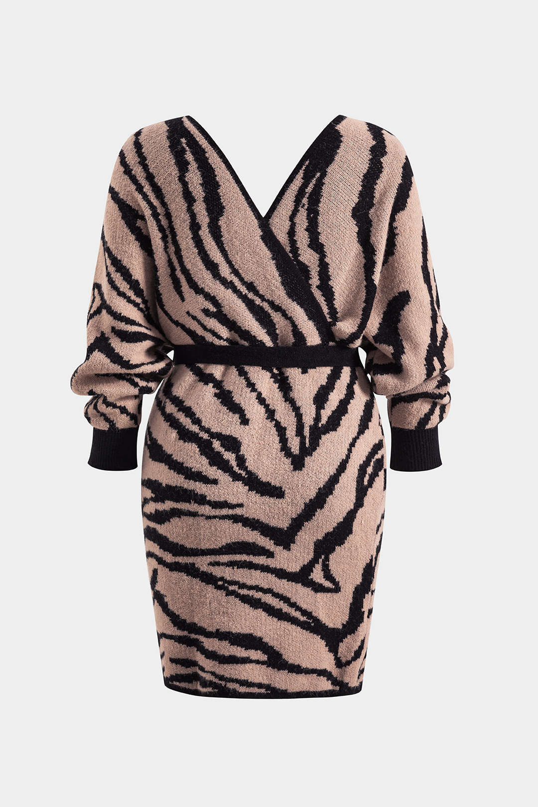 Plus Size Zebra Stripe Printed Knit Tie-Up Crossed Long-Sleeve Dress