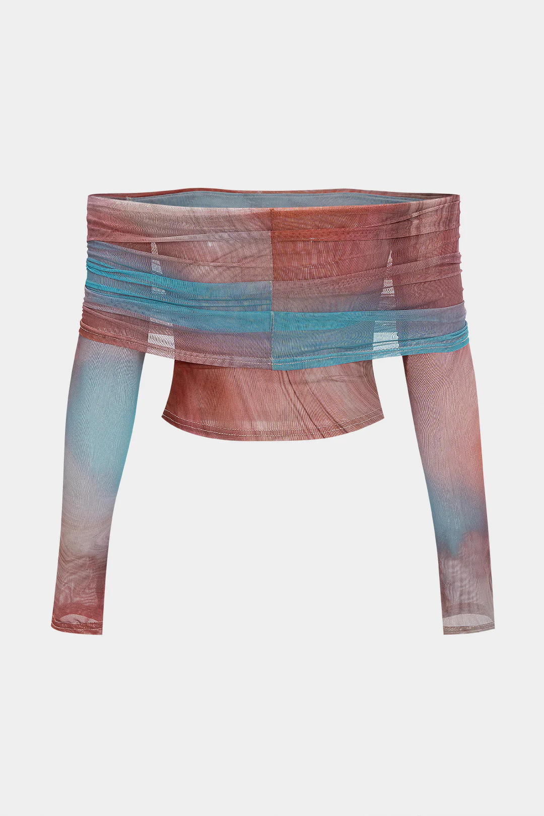 Ombre Print Mesh Off Shoulder Long-Sleeve Top