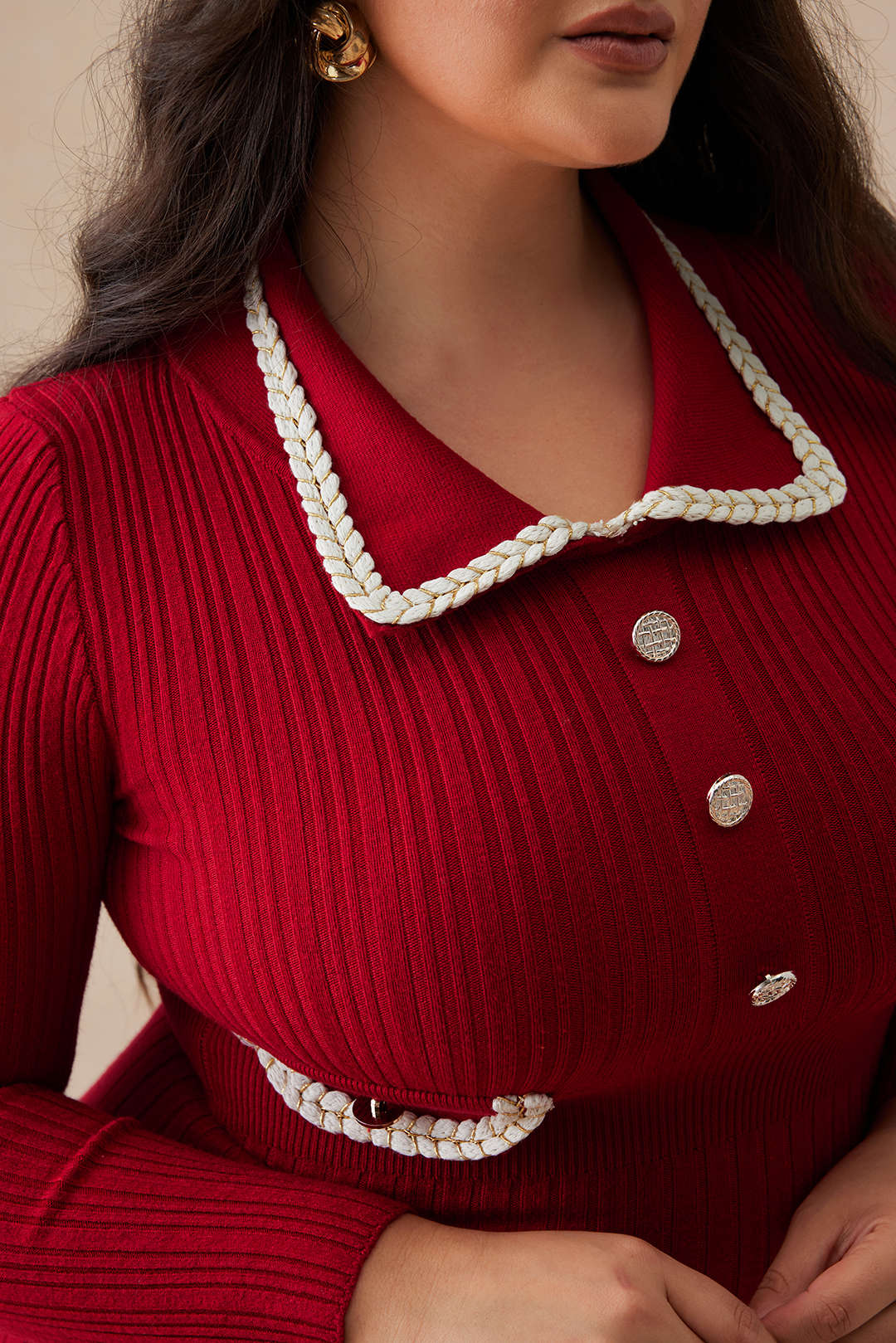 Plus Size Knit Button Fake Pocket Dress