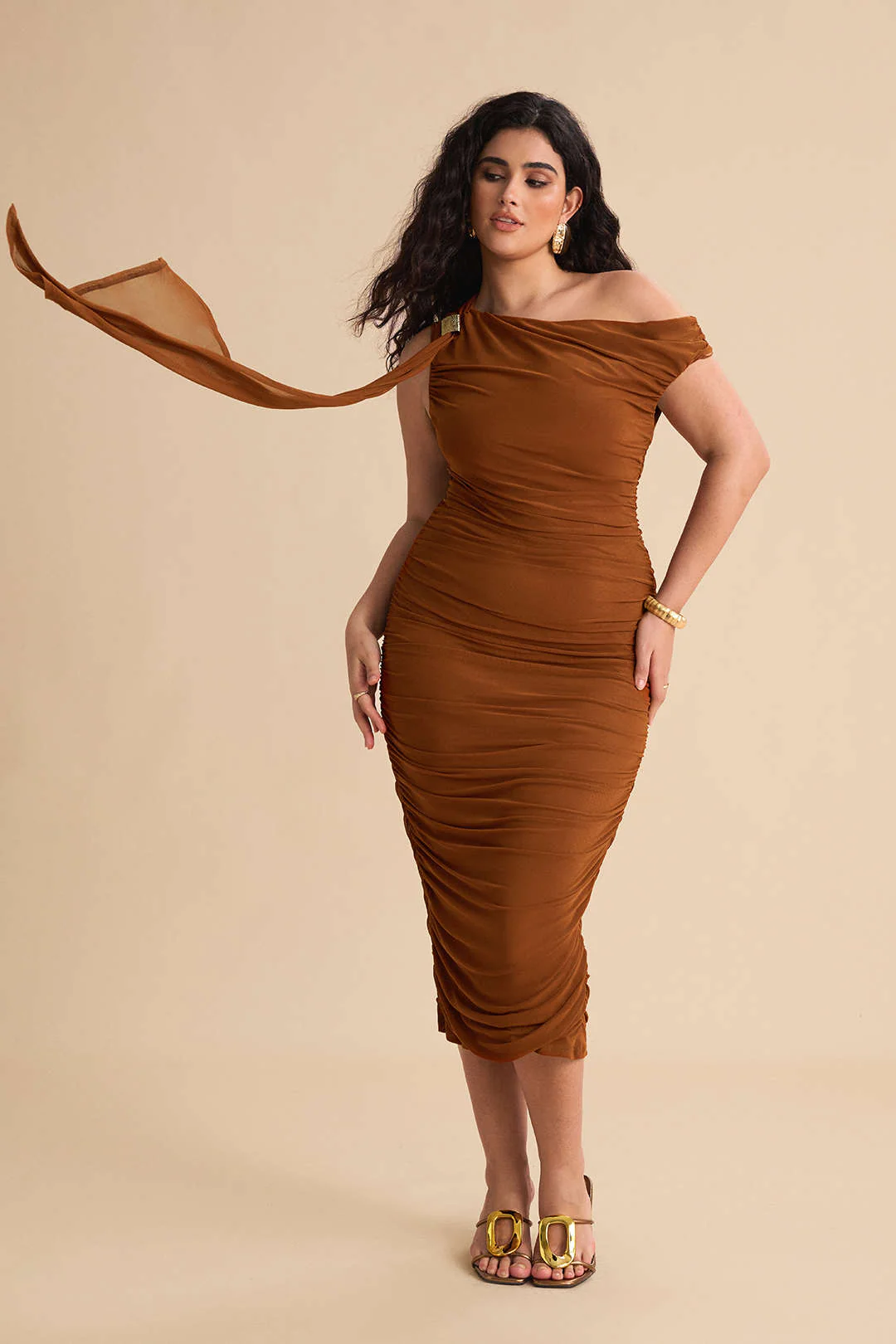 Plus Size Metallic Mesh Ruched Asymmetrical Sleeveless Midi Dress