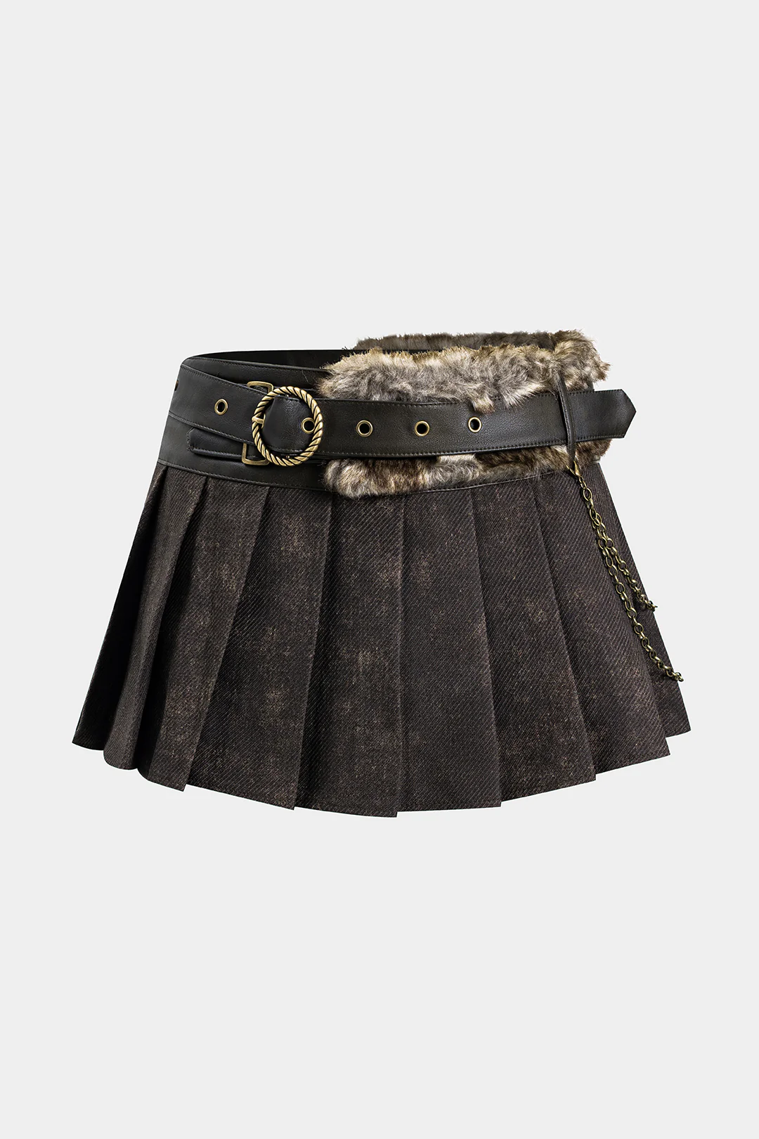 Faux Leather and Fur Patchwork Belted Chain Pleated Skirt