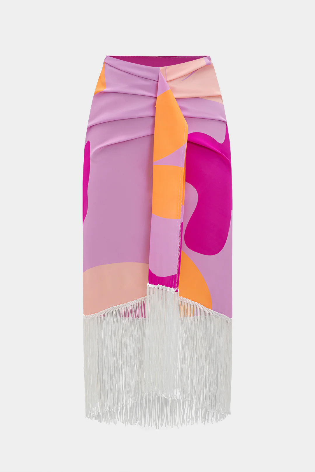 Abstract Print Ruched Asymmetric One-Shoulder Long Sleeve Top and Fringe Skirt Set