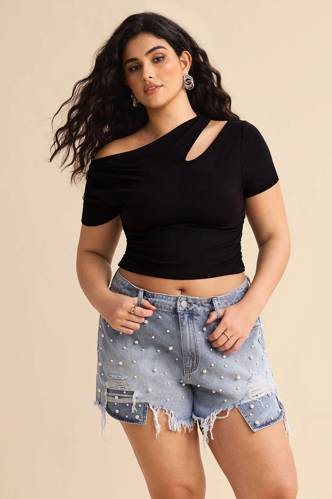 Plus Size High Waist Beaded Denim Shorts