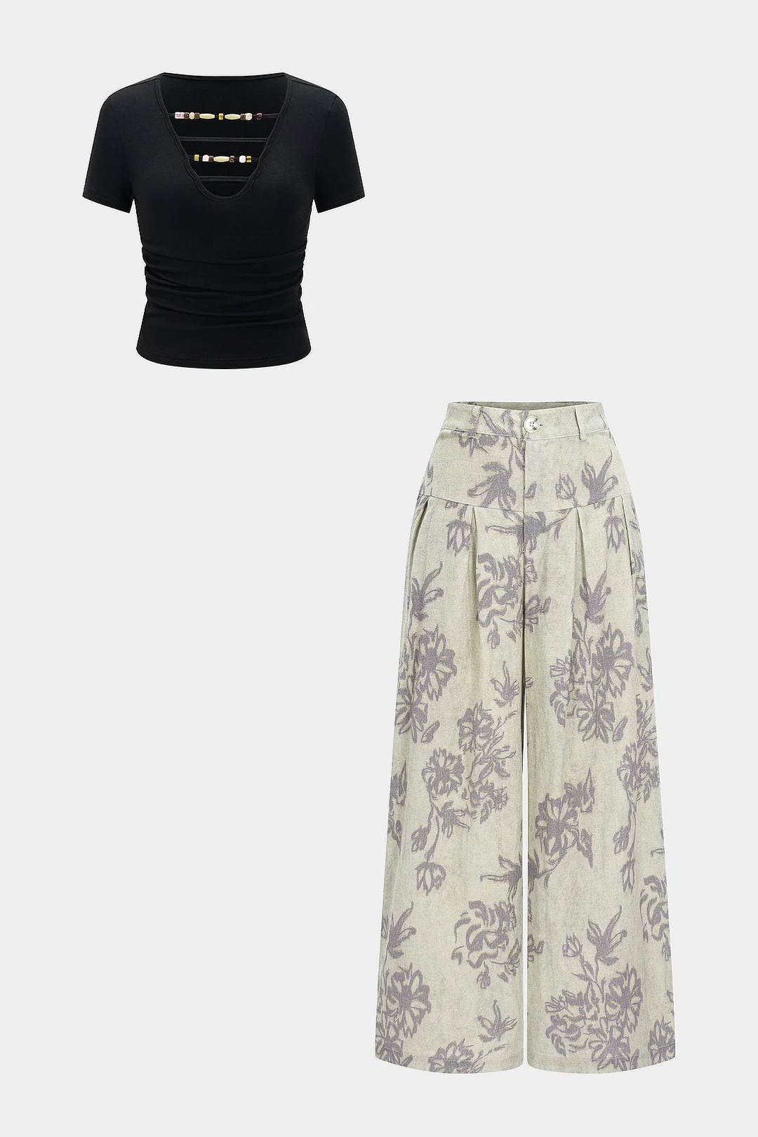 V Neck Beaded Tank Top and Floral Print Trousers Ensemble