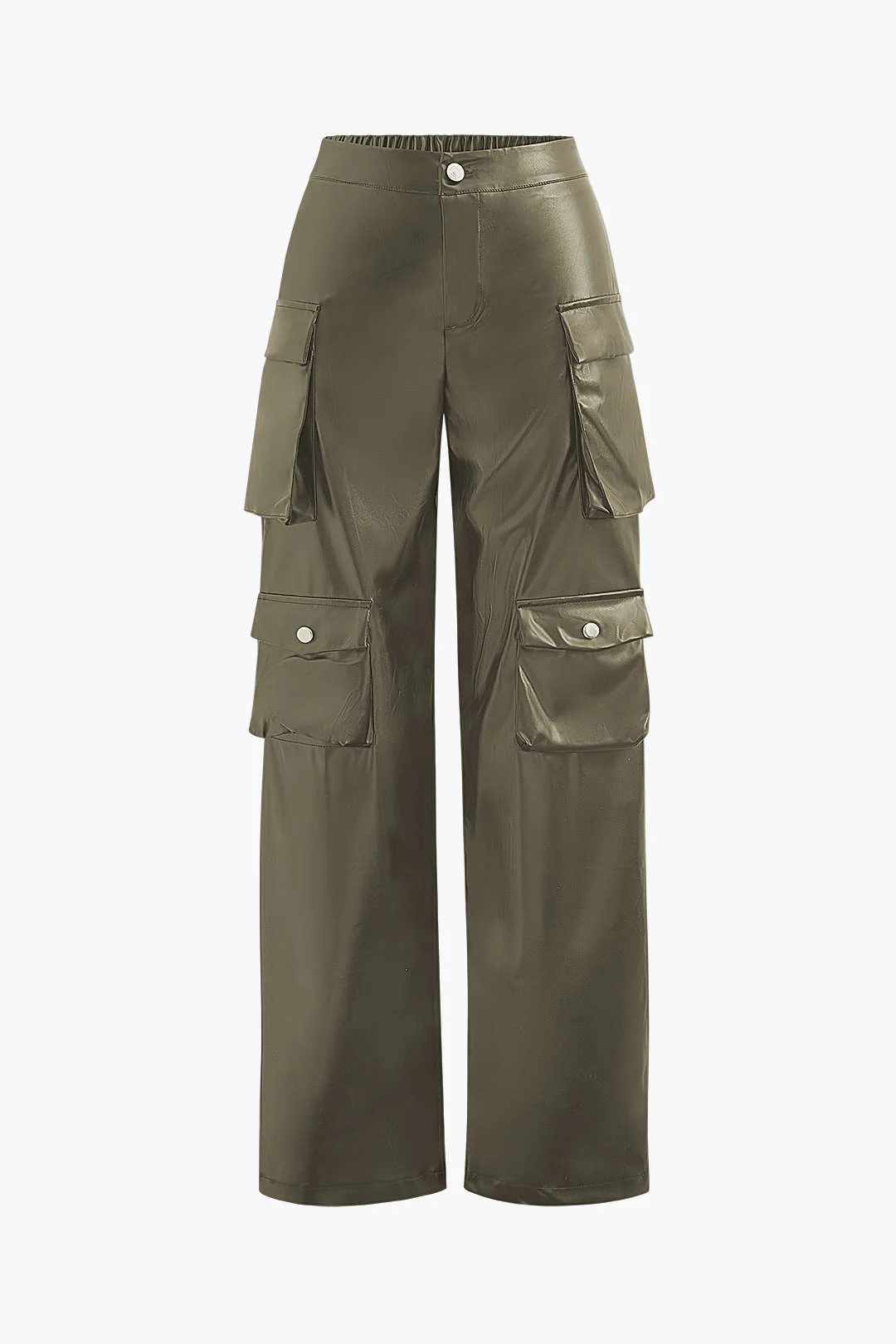 Faux Leather Flap Pocket Straight-Leg Cargo Trousers