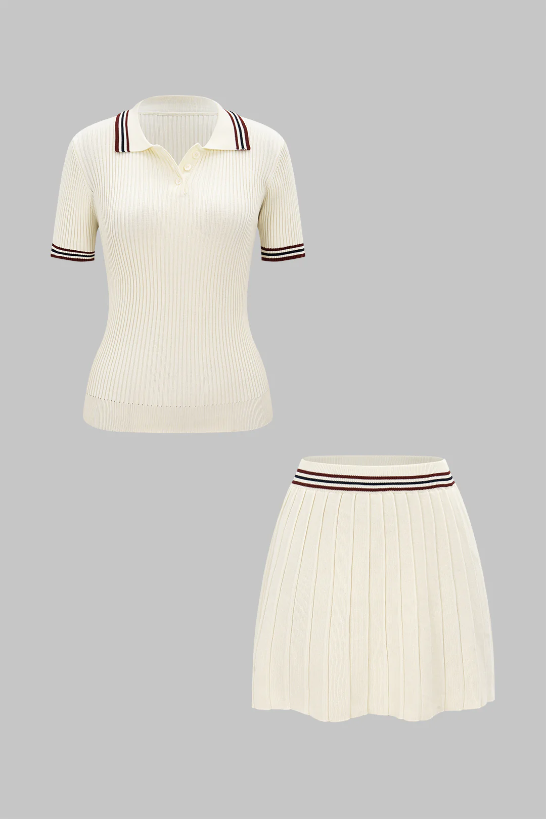 Knit Contrast Stripes Button Short-Sleeve Top And Mini Skirt Set