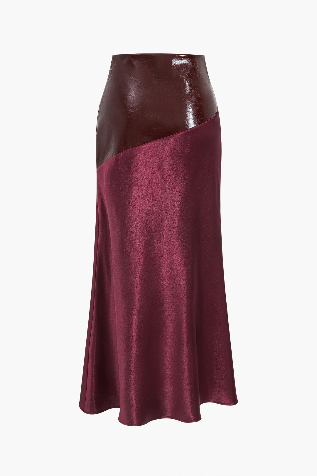Satin Patchwork Faux Leather Asymmetric Skirt