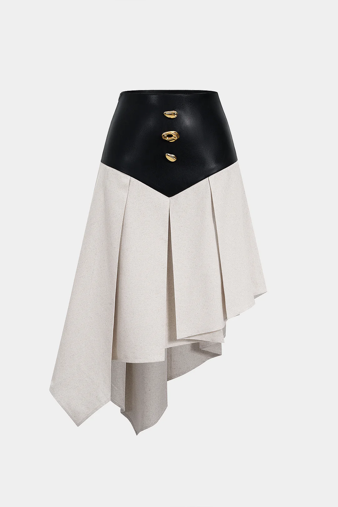Faux Leather and Linen Patchwork Metallic Pleated High-Waist Skirt