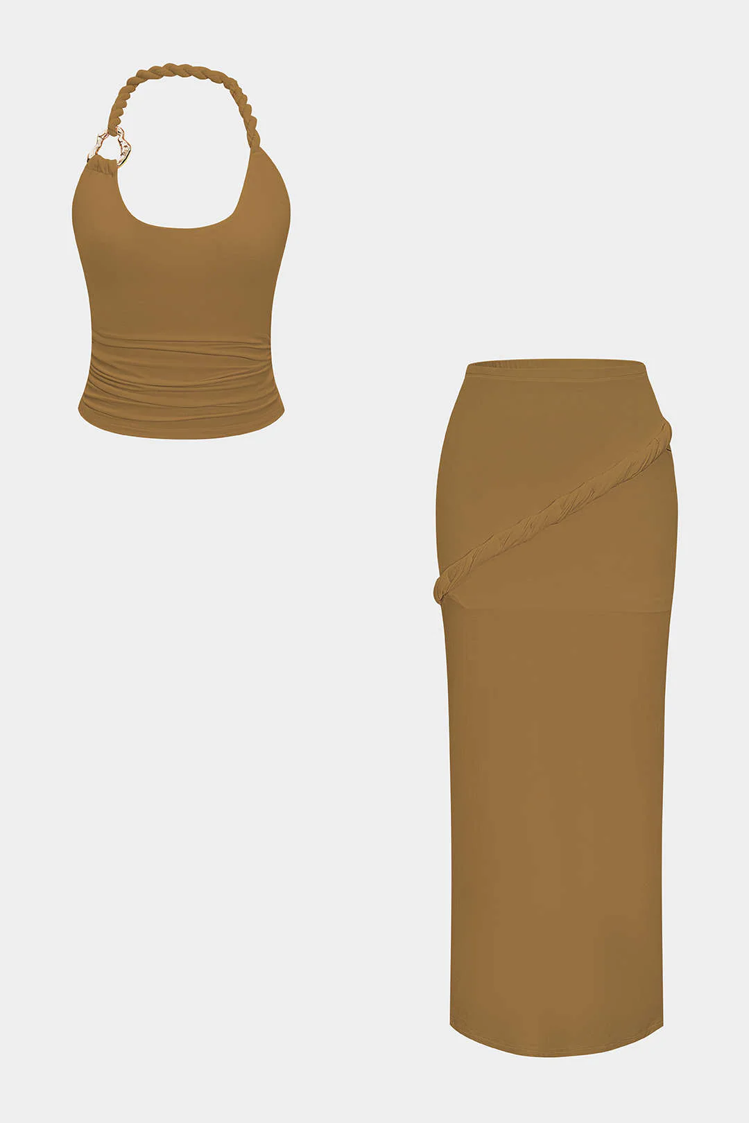 Asymmetrical Twist Knot Metallic Skirt Ensemble