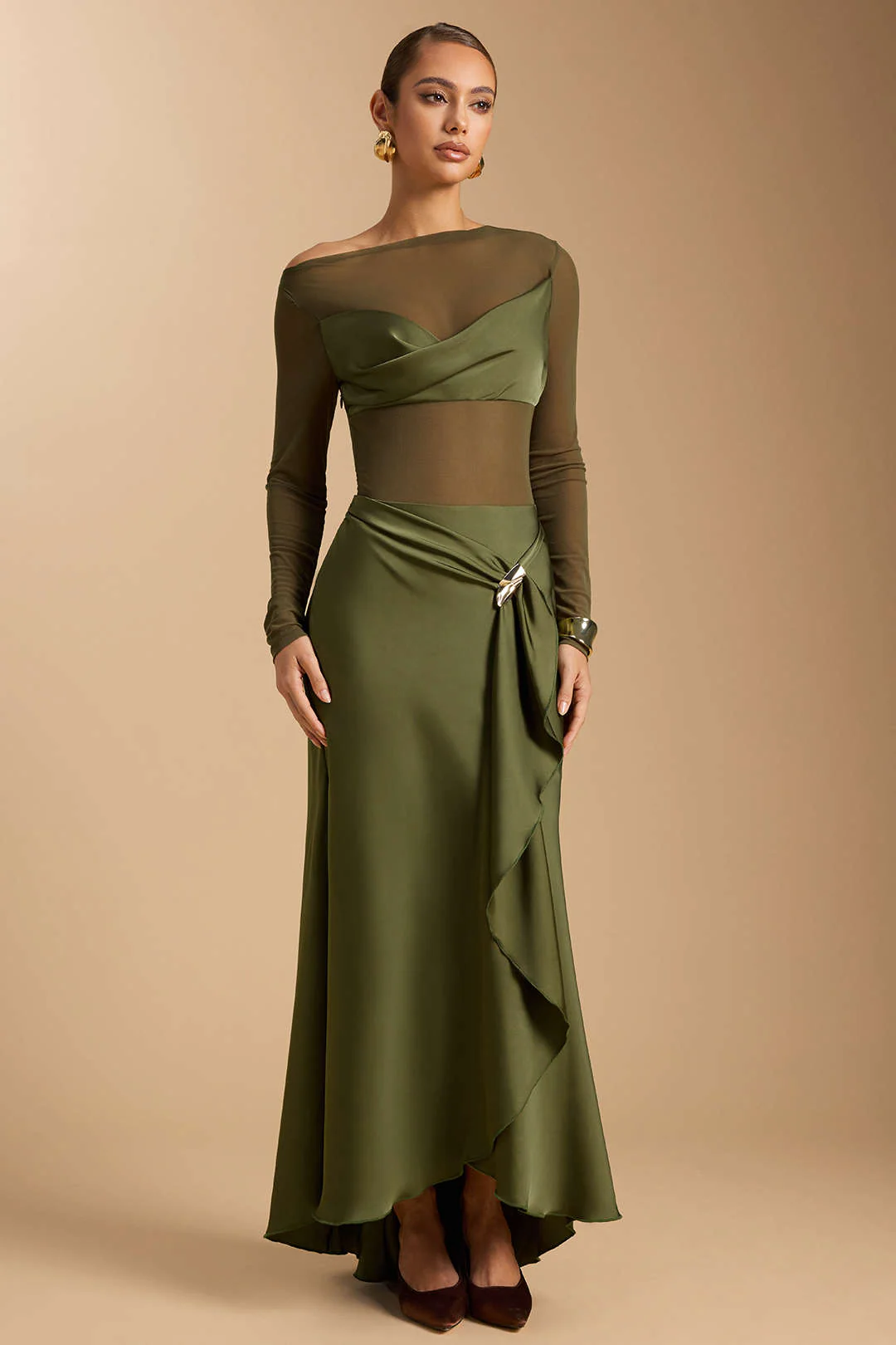 Satin Mesh Patchwork Metallic Asymmetric Ruched Long-Sleeve Midi Dress