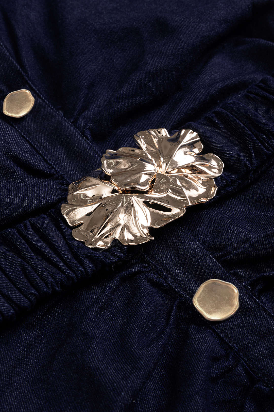 Metallic Button Belted Ruched Short Sleeve Denim Dress