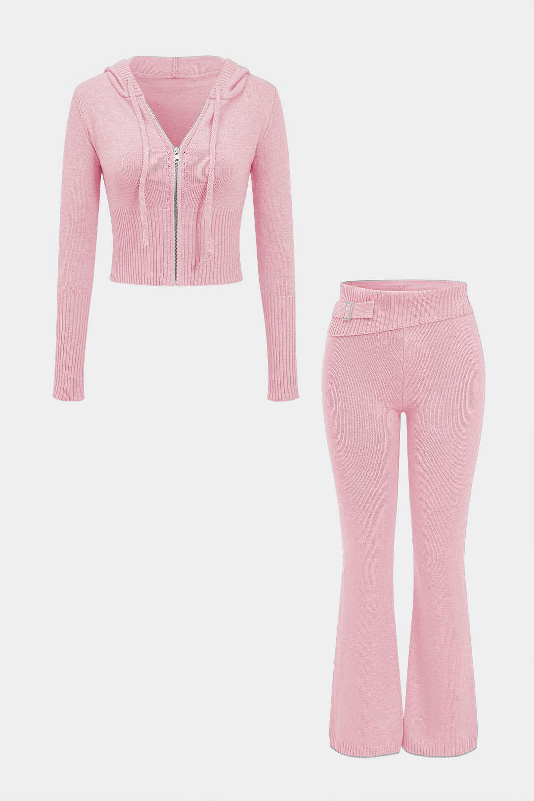 Solid Knit Hooded Top and Asymmetrical Pants Combo