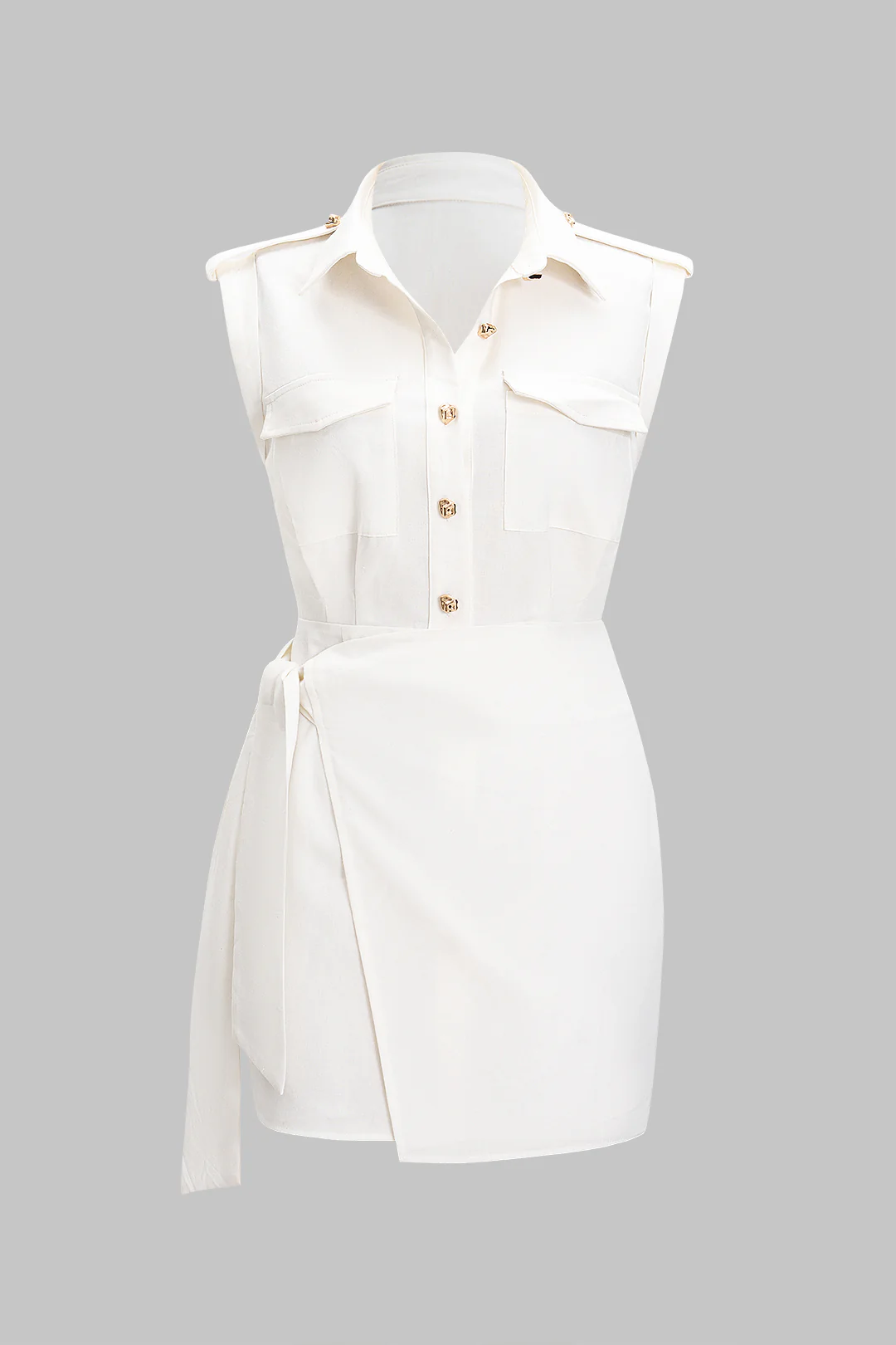 Linen Tie-Up Metallic Button Pocket Sleeveless Mini Dress