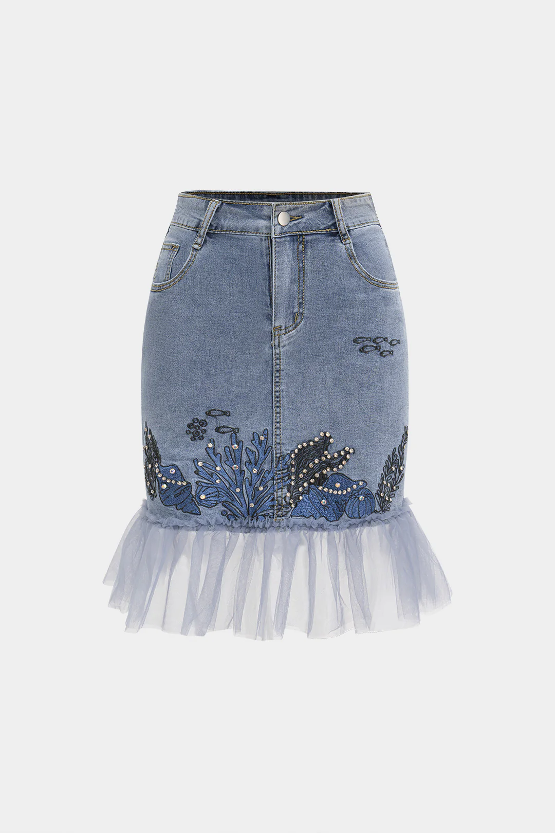 Denim Rhinestone Embroidery Mesh Patchwork Skirt