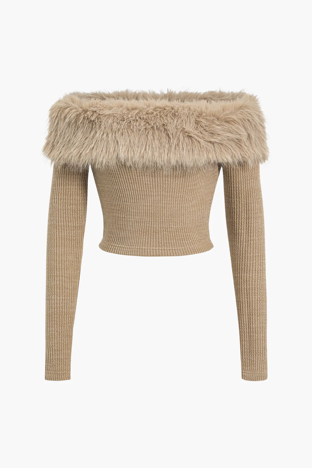 Knit Off-Shoulder Patchwork Faux Fur Long-Sleeve Top