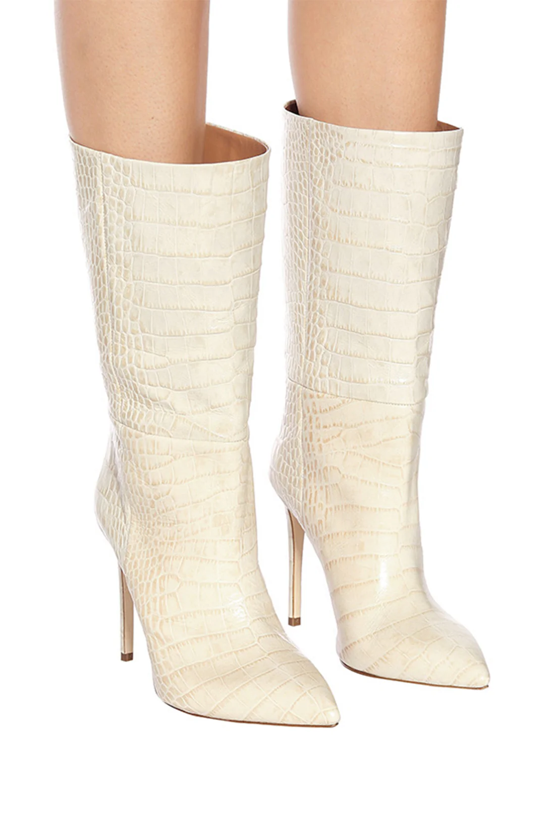 Pointed Faux Crocodile Leather Mid-Calf Boots