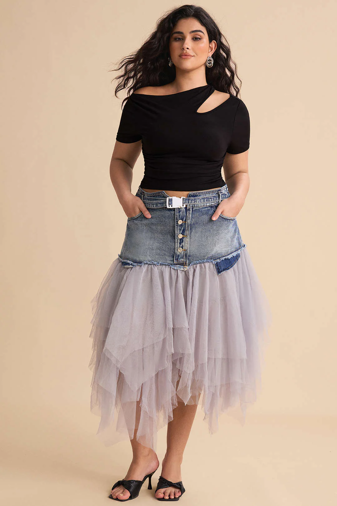 Plus Size Denim Mesh Patchwork High-Waisted Skirt