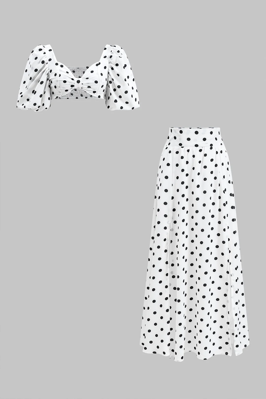Polka Dots Print Ruched Top And Skirt Set
