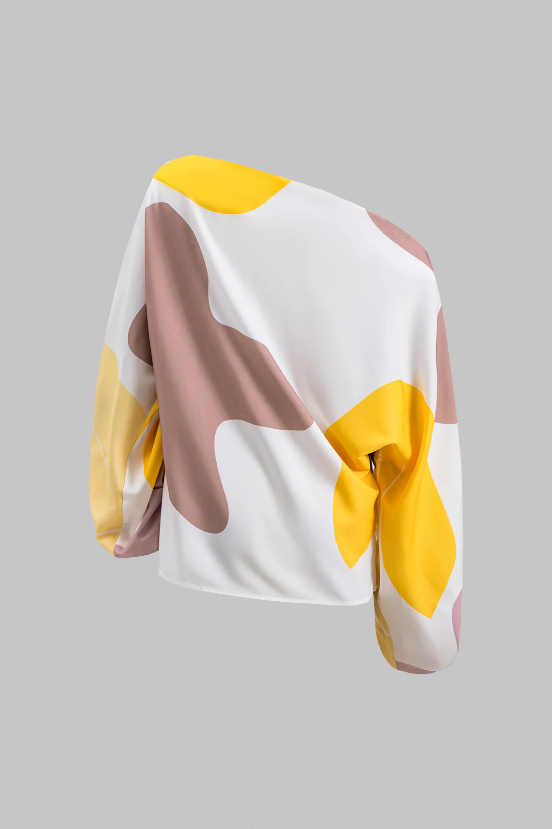 Abstract Print Ruched Asymmetric One-Shoulder Long Sleeve Top and Fringe Skirt Set