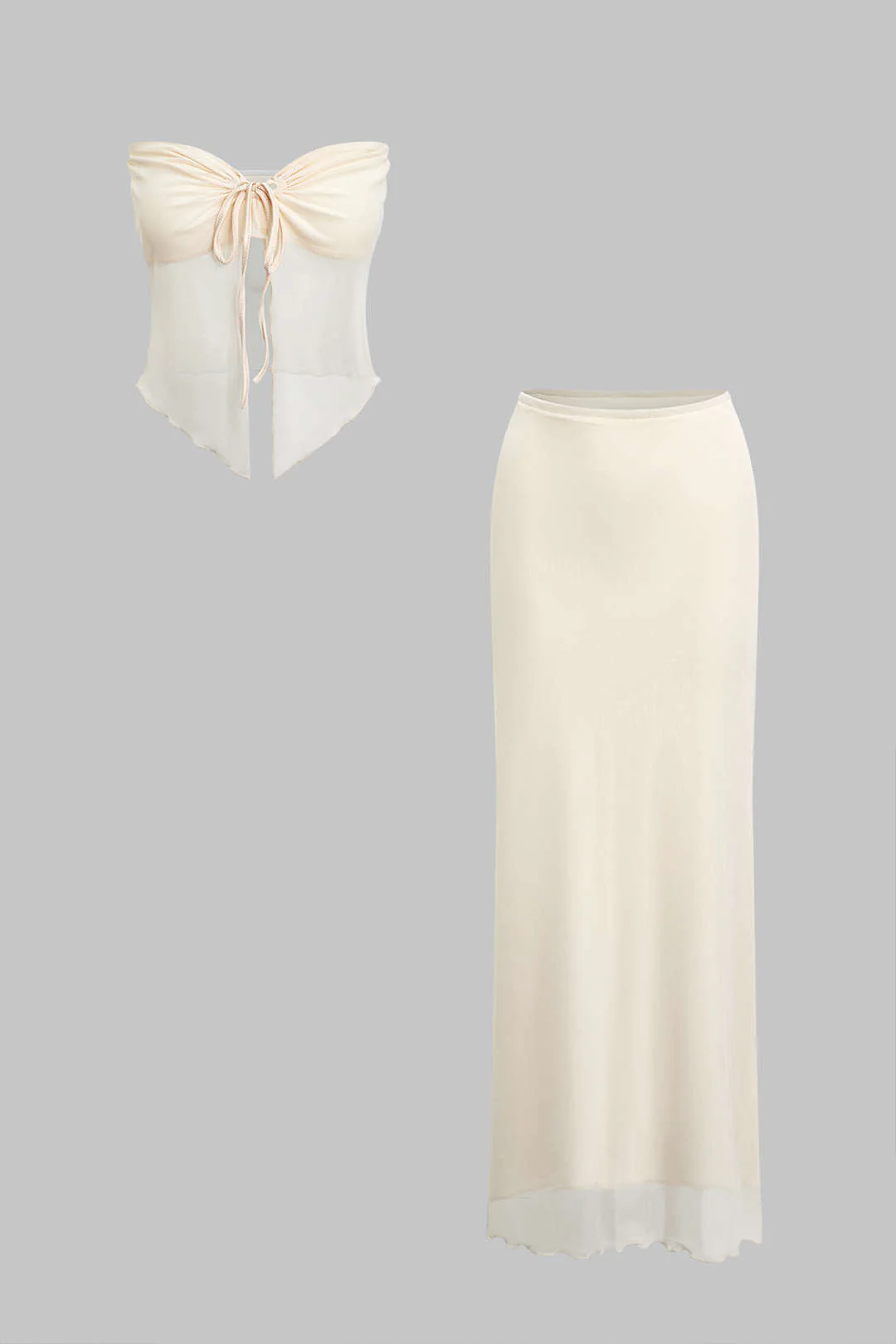 Ruched Sleeveless Double-Layered Mesh Split Strapless Top and Maxi Skirt Ensemble